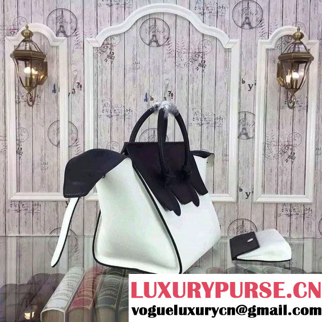Celine Tie Tote Small Bag in Grained/Calfskin Leather White/Black 2015