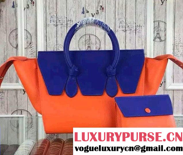 Celine Tie Tote Small Bag in Grained/Calfskin Leather Orange/Blue 2015