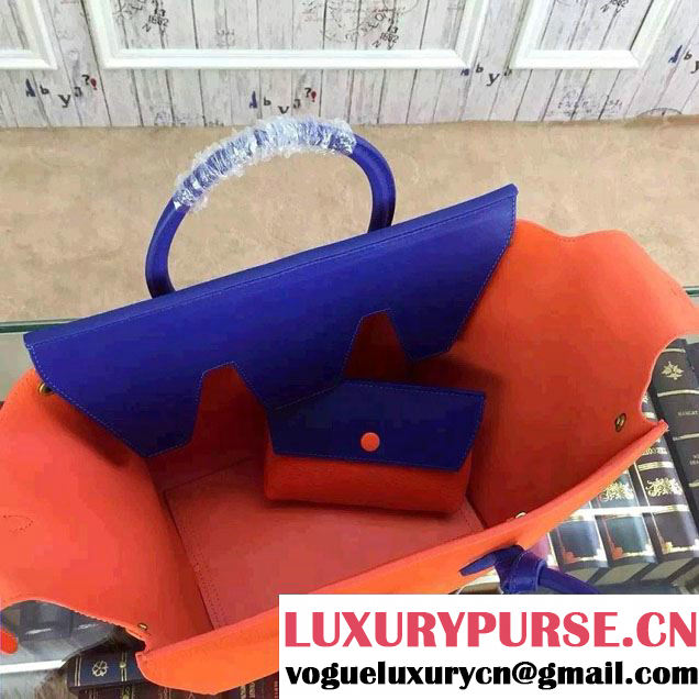 Celine Tie Tote Small Bag in Grained/Calfskin Leather Orange/Blue 2015