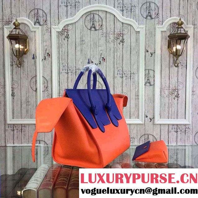 Celine Tie Tote Small Bag in Grained/Calfskin Leather Orange/Blue 2015