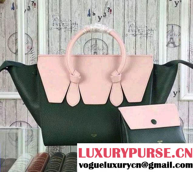 Celine Tie Tote Small Bag in Grained/Calfskin Leather Green/Pink 2015