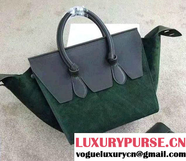 Celine Tie Tote Small Bag in Suede/Calfskin Leather Green/Gray 2015