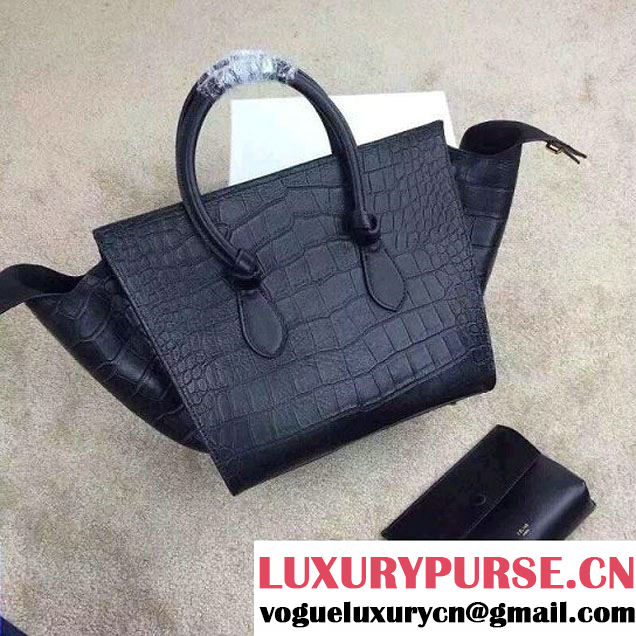 Celine Tie Tote Small Bag in Crocodile Pattern Leather Black 2015
