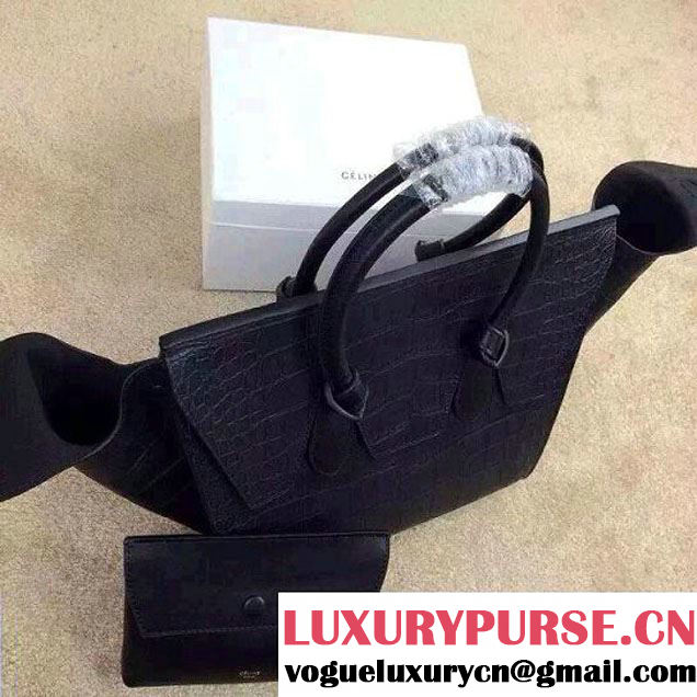 Celine Tie Tote Small Bag in Crocodile Pattern Leather Black 2015