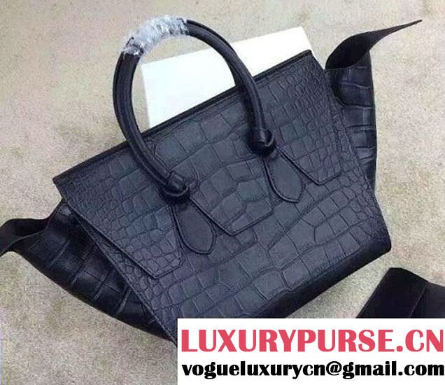 Celine Tie Tote Small Bag in Crocodile Pattern Leather Black 2015
