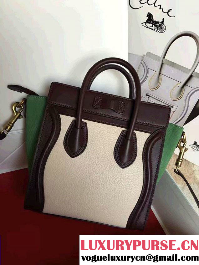 Celine Luggage Nano Tote Bag in Original Leather Burgundy/Grained Beige/Crinkle Green 2016