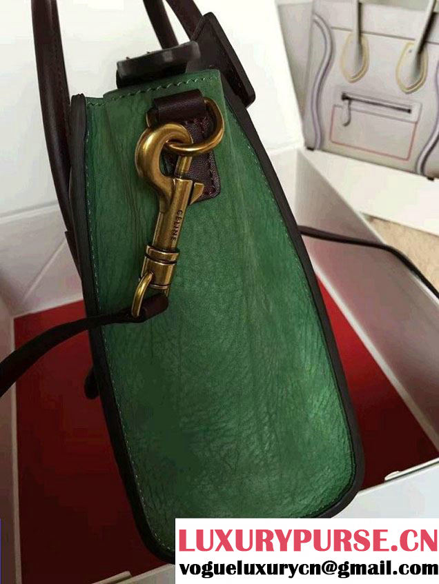 Celine Luggage Nano Tote Bag in Original Leather Burgundy/Grained Beige/Crinkle Green 2016
