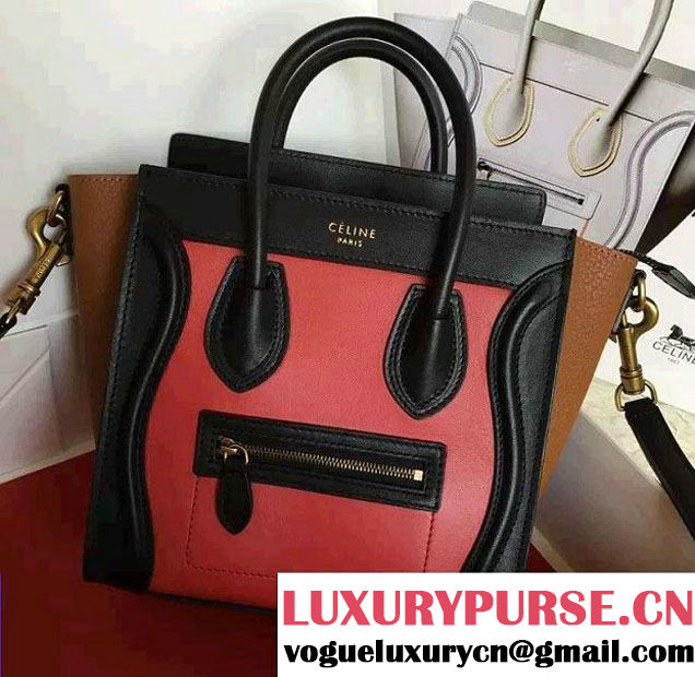 Celine Luggage Nano Tote Bag in Original Leather Black/Peach/Crinkle Khaki 2016