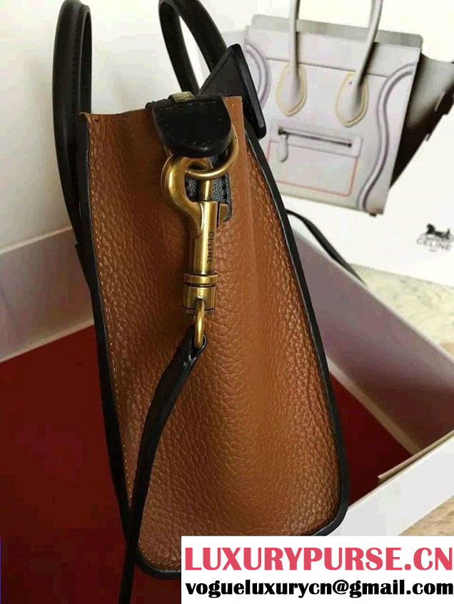 Celine Luggage Nano Tote Bag in Original Leather Black/Peach/Crinkle Khaki 2016