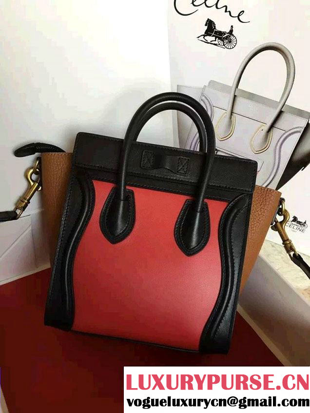 Celine Luggage Nano Tote Bag in Original Leather Black/Peach/Crinkle Khaki 2016