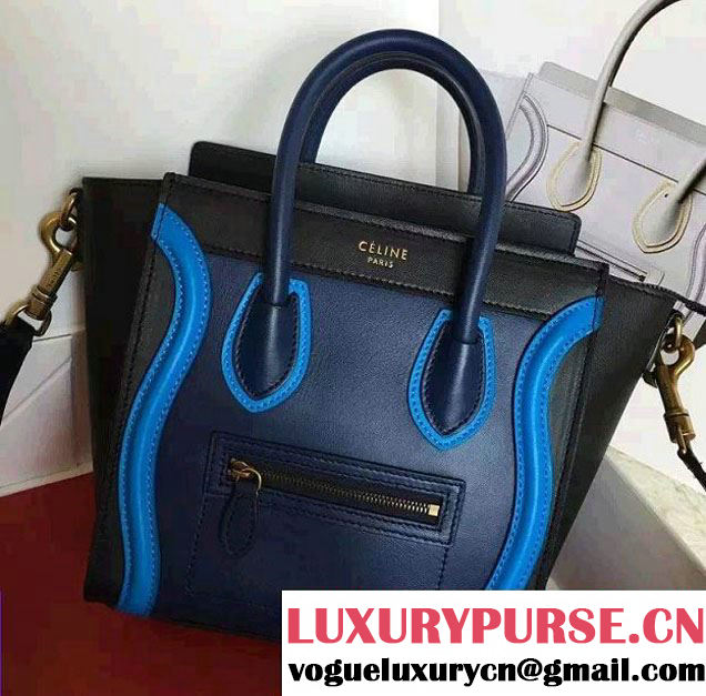 Celine Luggage Nano Tote Bag in Original Leather Black/Navy Blue/Blue 2016