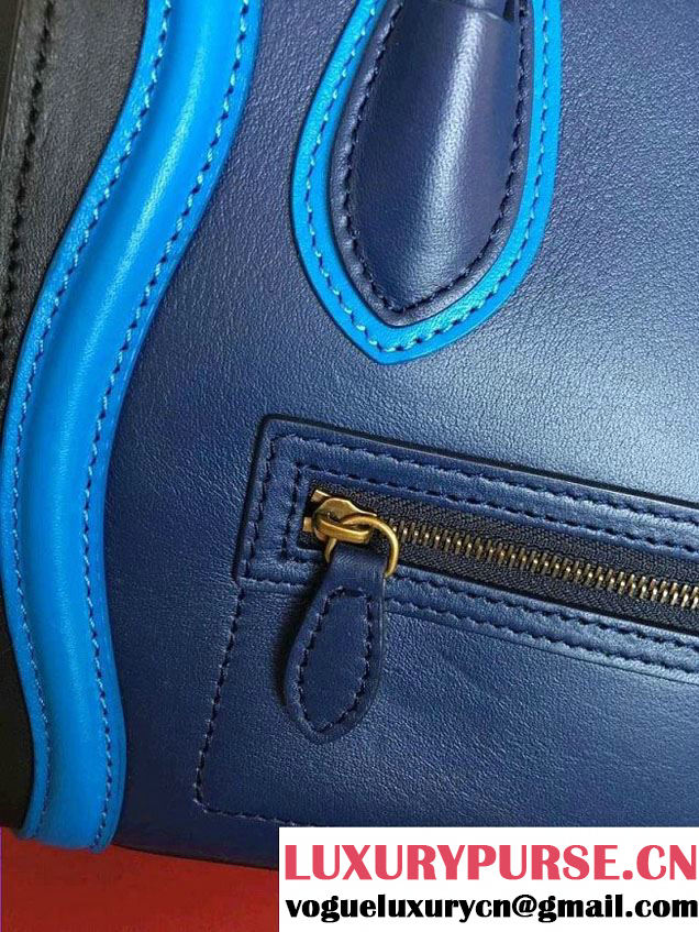 Celine Luggage Nano Tote Bag in Original Leather Black/Navy Blue/Blue 2016