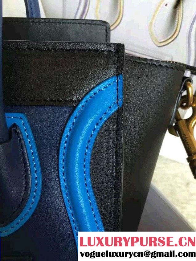 Celine Luggage Nano Tote Bag in Original Leather Black/Navy Blue/Blue 2016