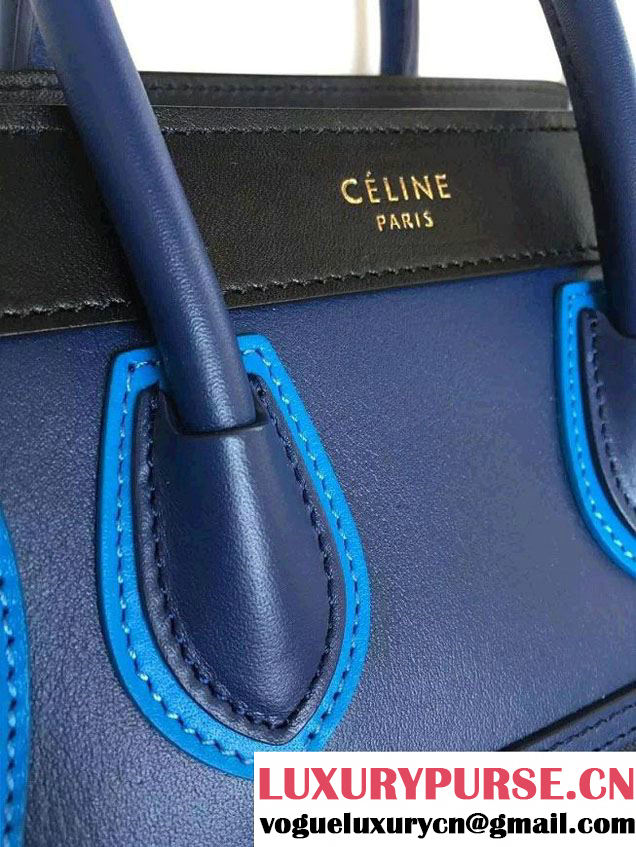 Celine Luggage Nano Tote Bag in Original Leather Black/Navy Blue/Blue 2016