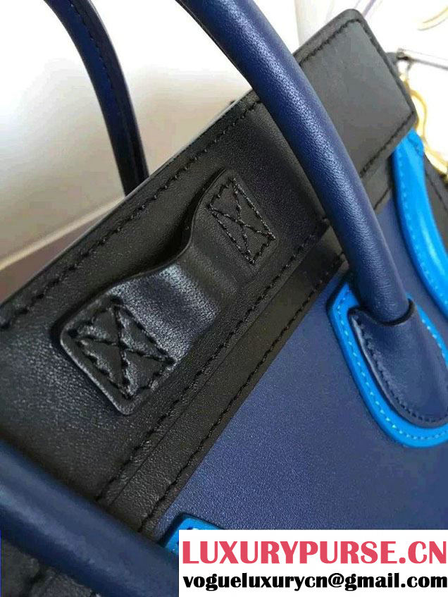 Celine Luggage Nano Tote Bag in Original Leather Black/Navy Blue/Blue 2016