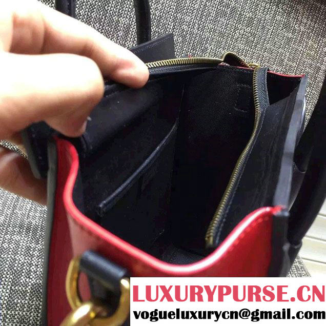 Celine Luggage Nano Tote Bag in Original Leather Black/Grained Fushia/Red 2016