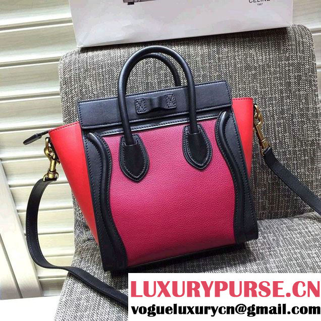 Celine Luggage Nano Tote Bag in Original Leather Black/Grained Fushia/Red 2016