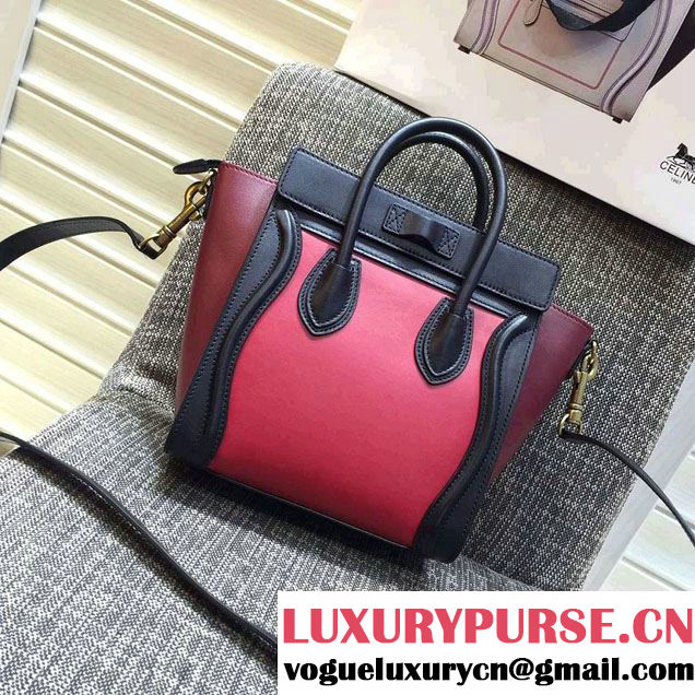Celine Luggage Nano Tote Bag in Original Leather Black/Peach/Burgundy 2016