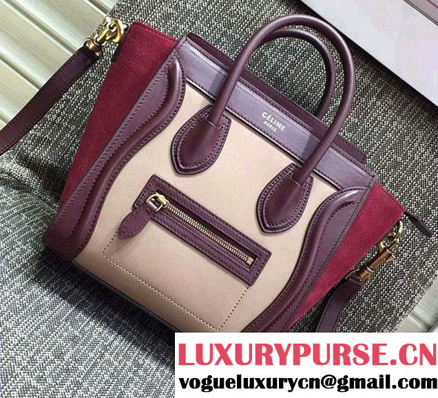 Celine Luggage Nano Tote Bag in Original Leather Burgundy/Beige/Suede Red 2016