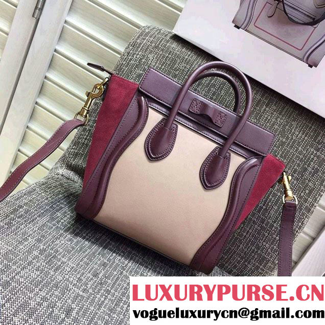 Celine Luggage Nano Tote Bag in Original Leather Burgundy/Beige/Suede Red 2016