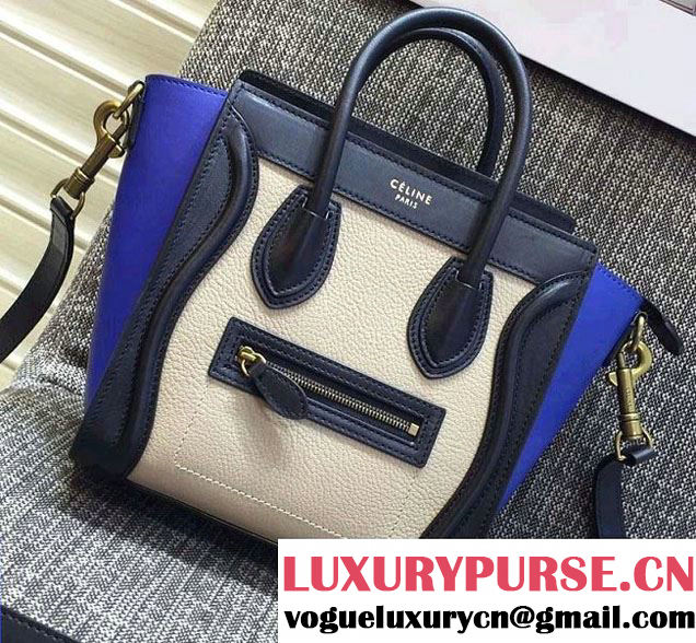 Celine Luggage Nano Tote Bag in Original Leather Navy Blue/Grained Beige/Blue 2016