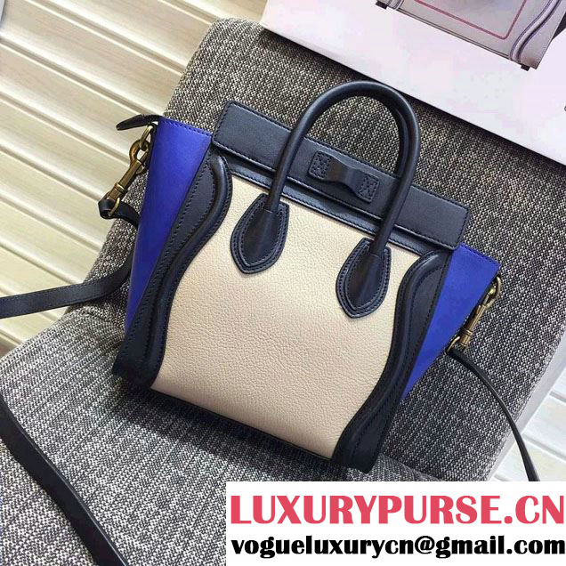 Celine Luggage Nano Tote Bag in Original Leather Navy Blue/Grained Beige/Blue 2016