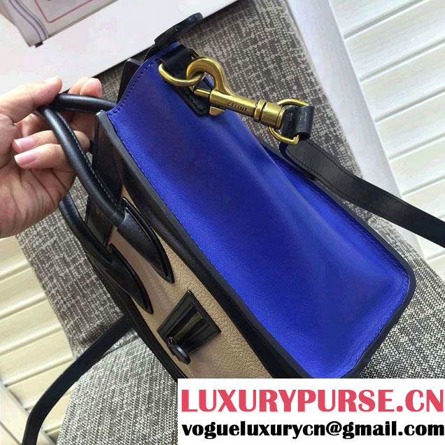 Celine Luggage Nano Tote Bag in Original Leather Navy Blue/Grained Beige/Blue 2016