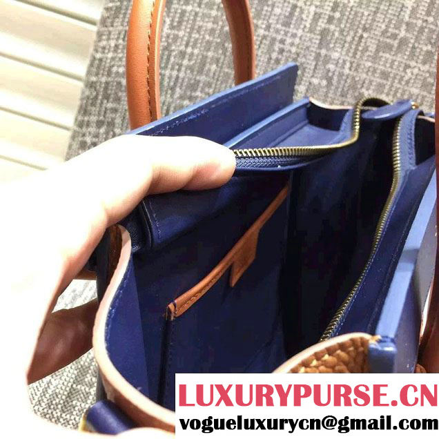 Celine Luggage Nano Tote Bag in Original Leather Navy Blue/White/Grained Khaki 2016