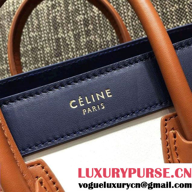 Celine Luggage Nano Tote Bag in Original Leather Navy Blue/White/Grained Khaki 2016