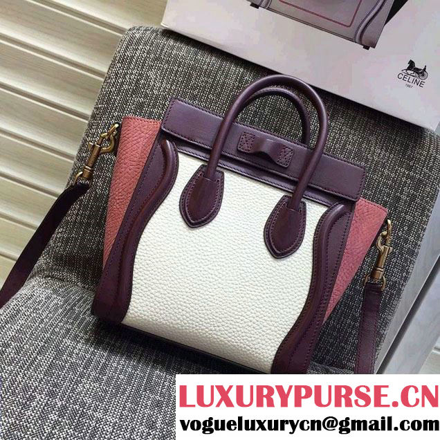 Celine Luggage Nano Tote Bag in Original Leather Burgundy/Grained White/Crinkle Pink 2016