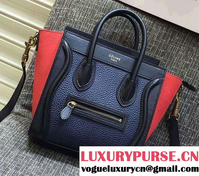 Celine Luggage Nano Tote Bag in Original Leather Black/Grained Nay Blue/Crinkle Red 2016