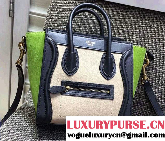 Celine Luggage Nano Tote Bag in Original Leather Black/Grained Beige/Suede Green 2016