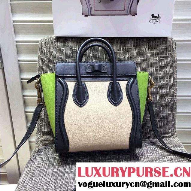 Celine Luggage Nano Tote Bag in Original Leather Black/Grained Beige/Suede Green 2016