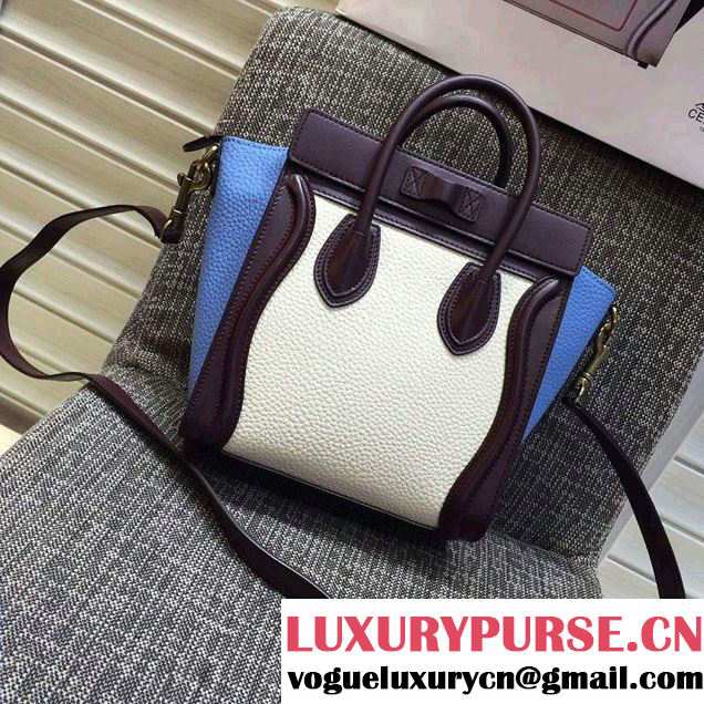 Celine Luggage Nano Tote Bag in Original Leather Burgundy/Grained White/Grained Sky Blue 2016