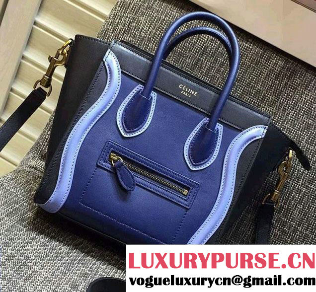 Celine Luggage Nano Tote Bag in Original Leather Black/Royal Blue/Sky Blue 2016