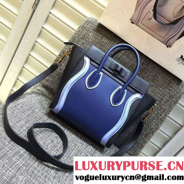 Celine Luggage Nano Tote Bag in Original Leather Black/Royal Blue/Sky Blue 2016