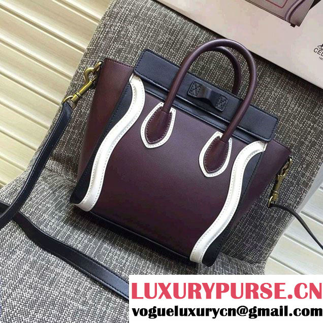 Celine Luggage Nano Tote Bag in Original Leather Black/Burgundy/White 2016