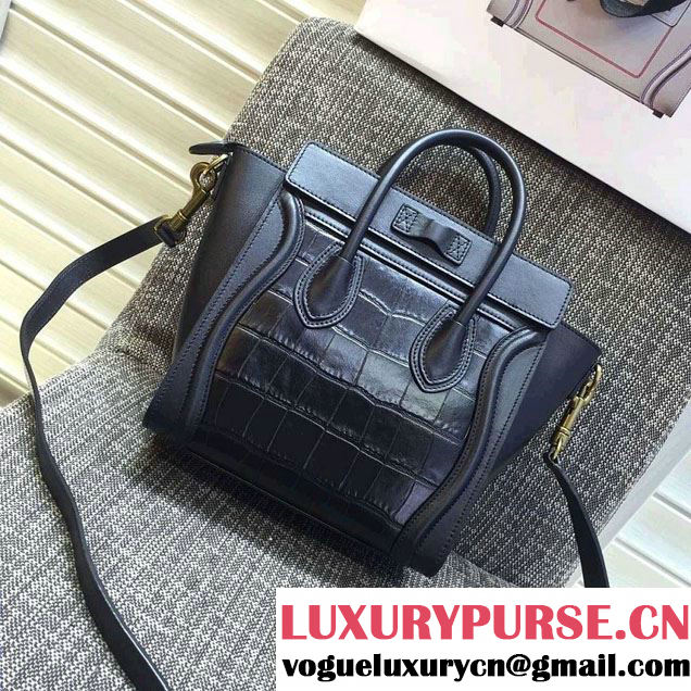 Celine Luggage Nano Tote Bag in Original Leather Black/Croco Pattern 2016