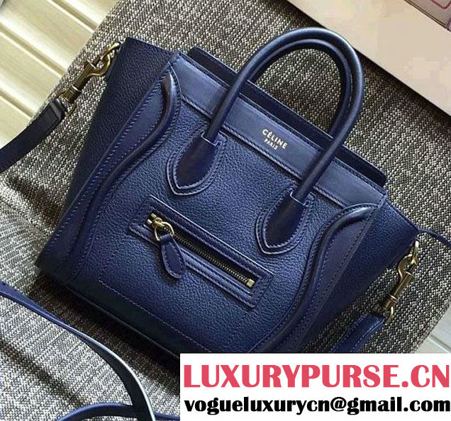 Celine Luggage Nano Tote Bag in Original Grained Leather Navy Blue 2016