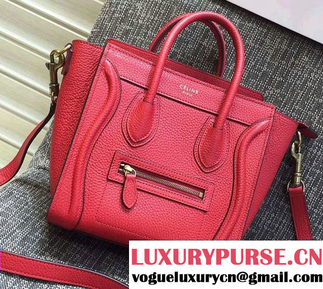 Celine Luggage Nano Tote Bag in Original Grained Leather Red/Gold 2016