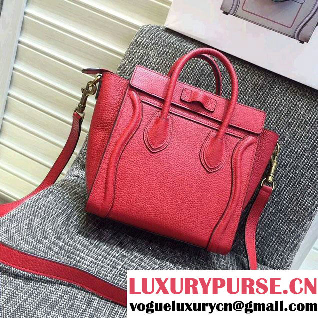 Celine Luggage Nano Tote Bag in Original Grained Leather Red/Gold 2016