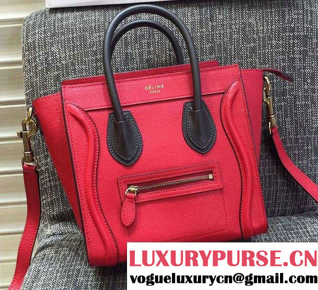 Celine Luggage Nano Tote Bag in Original Grained Leather Red/Olive Green 2016