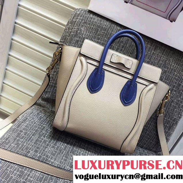 Celine Luggage Nano Tote Bag in Original Grained Leather Beige/Royal Blue 2016
