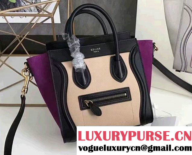 Celine Luggage Nano Tote Bag in Original Leather Black/Grained Beige/Suede Purple