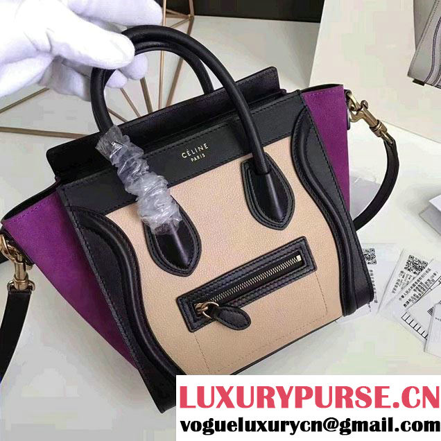 Celine Luggage Nano Tote Bag in Original Leather Black/Grained Beige/Suede Purple