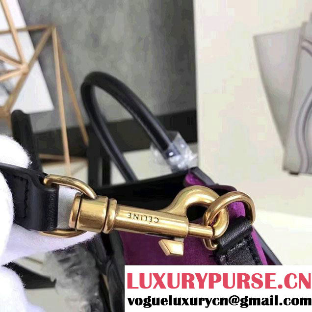 Celine Luggage Nano Tote Bag in Original Leather Black/Grained Beige/Suede Purple