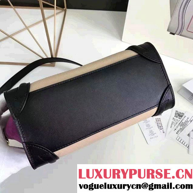 Celine Luggage Nano Tote Bag in Original Leather Black/Grained Beige/Suede Purple