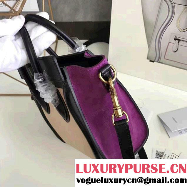 Celine Luggage Nano Tote Bag in Original Leather Black/Grained Beige/Suede Purple