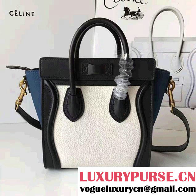 Celine Luggage Nano Tote Bag In Grained Leather  Black/White/Blue 2017