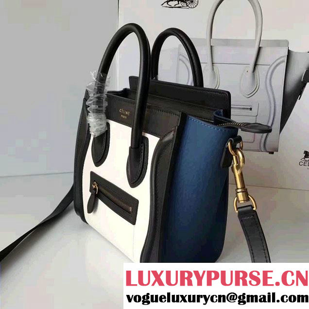Celine Luggage Nano Tote Bag In Grained Leather  Black/White/Blue 2017